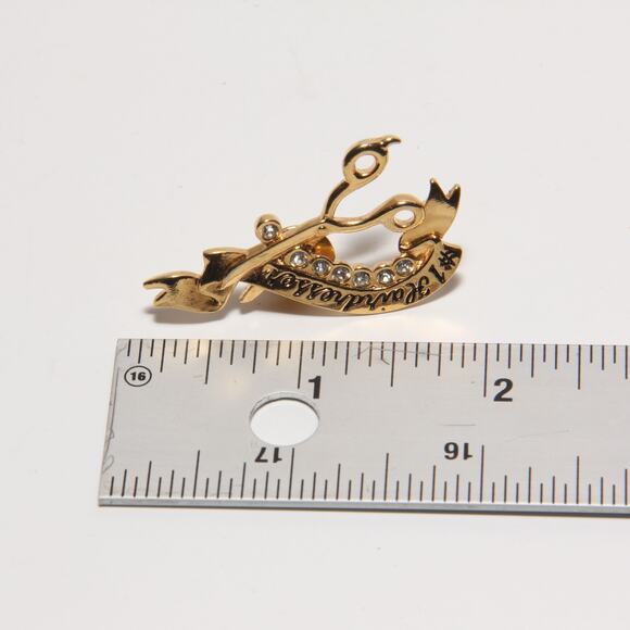 Vintage Avon (6644) #1 Hairdresser Lapel Bin Brooch Gold tone Rhinestones - Picture 3 of 4